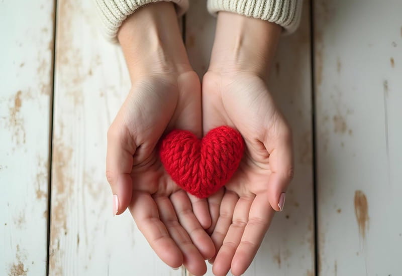 Zwei Hände in denen ein gestricktes Herz aus Wolle liegt