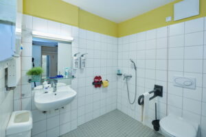 Modernes, rollstuhlgerechtes Badezimmer mit Haltegriffen und ebenerdiger Dusche für maximale Sicherheit und Eigenständigkeit
