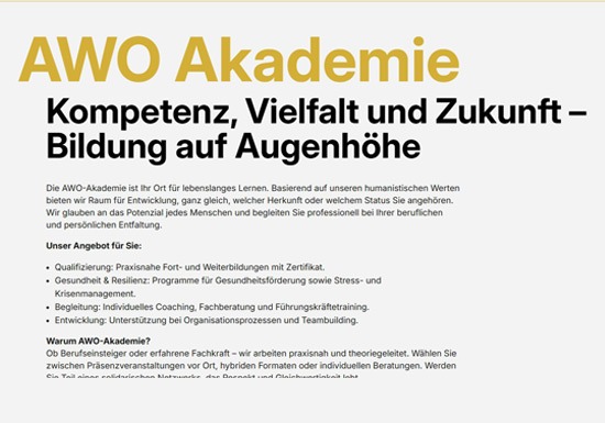 Vorschau-Grafik der AWO Akademie mit dem Slogan 'Kompetenz, Vielfalt und Zukunft – Bildung auf Augenhöhe'. Der Text beschreibt Angebote zu Qualifizierung, Gesundheit, Resilienz und Coaching