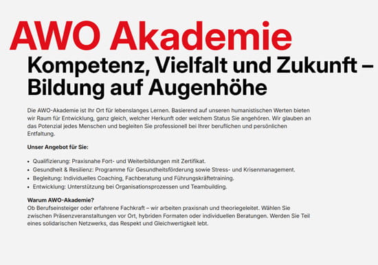 AWO Akademie: Bildung auf Augenhöhe – Kompetenz und Vielfalt Vorschau-Grafik der AWO Akademie mit dem Slogan 'Kompetenz, Vielfalt und Zukunft – Bildung auf Augenhöhe'. Der Text beschreibt Angebote zu Qualifizierung, Gesundheit, Resilienz und Coaching