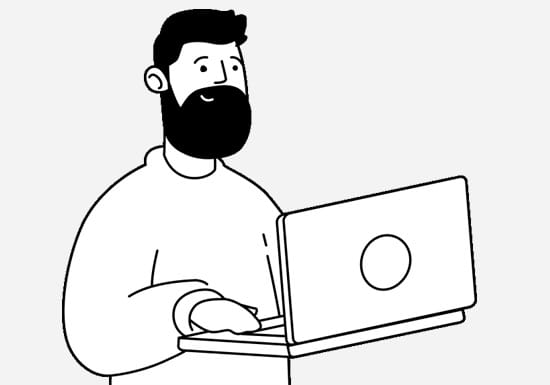Digitallotsen: Deine Hilfe im digitalen Dschungel Minimalistische Illustration im Line-Art-Stil, die einen lächelnden Mann mit Vollbart zeigt, der auf einem Laptop arbeitet. Das Bild steht symbolisch für die Unterstützung und Beratung durch Digitallotsen